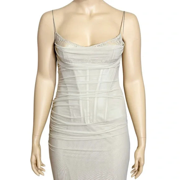 HOUSE OF CB Nalini Mesh Lace Corset Maxi Dress, Sand, L+